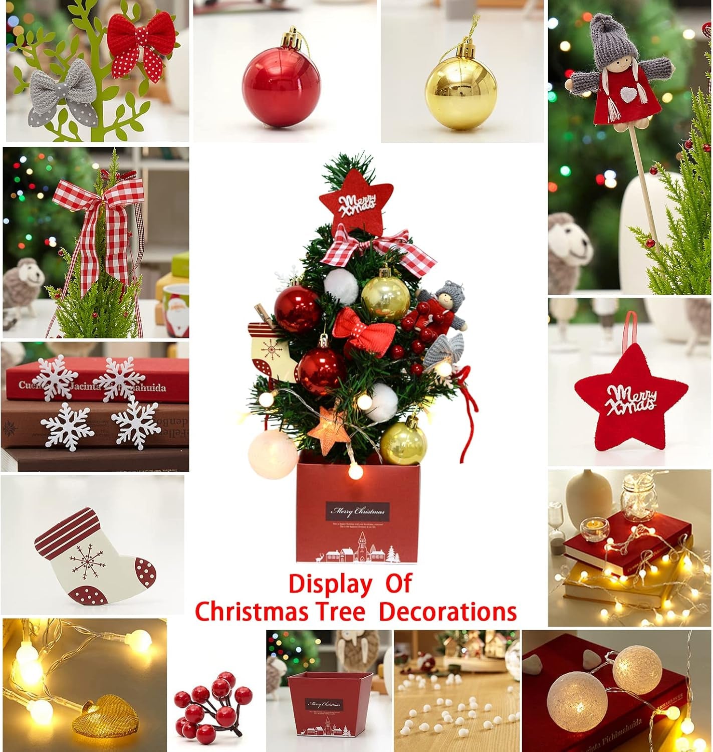 Small Tabletop Christmas Tree,17.3"/44Cm Table Top Tree with 6.5Ft Battery Operated Lights String & Ornaments, Decoration for Desk Decor,Kids Bedroom,Office and Home Supplies(Red)