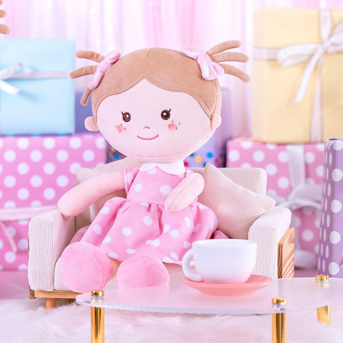 Plush Rag Doll Sleeping Cuddle Buddy Doll Soft Baby Doll for Girls First Baby Doll Wear Pink Skirt Dress 14"(Milly Series)