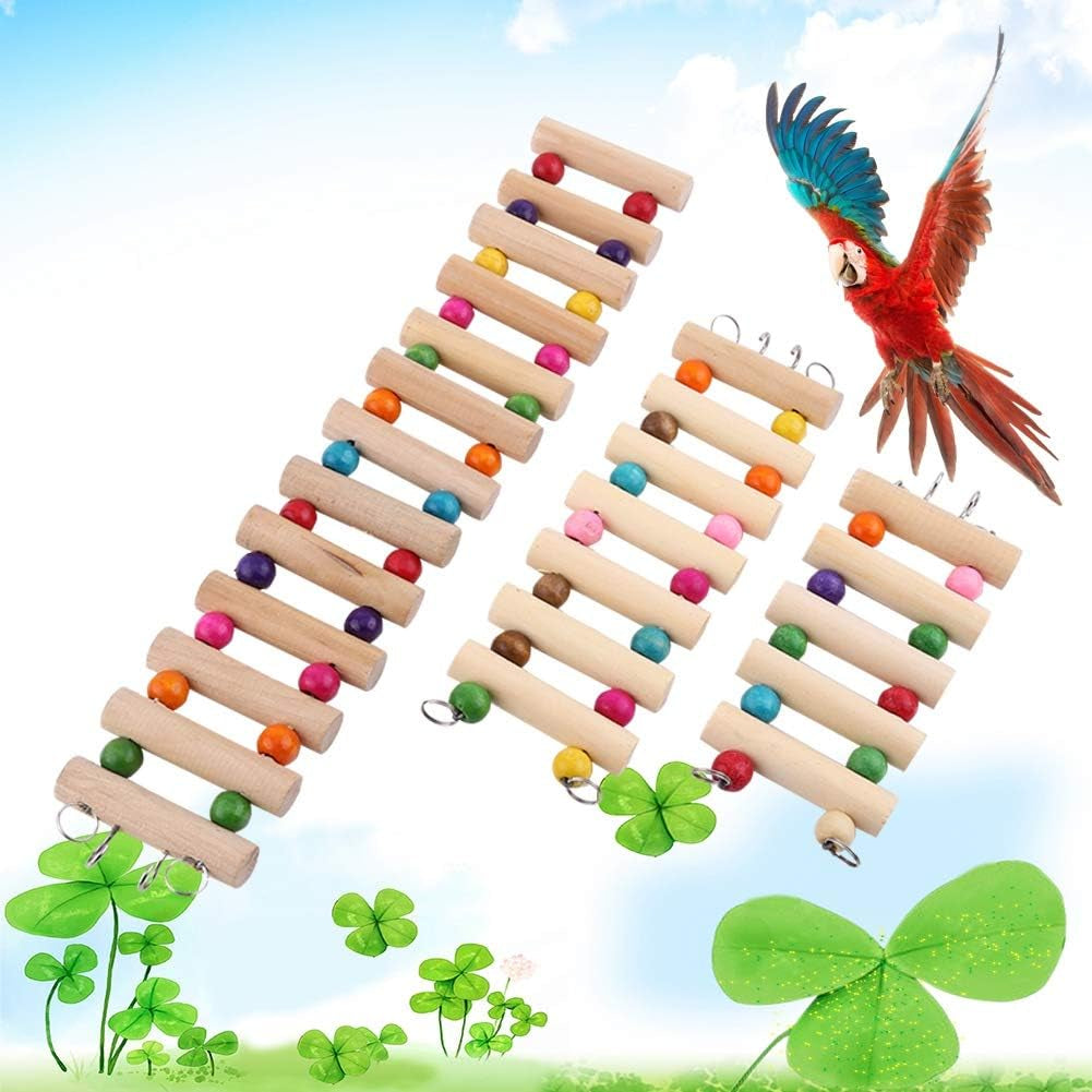 Parrot Ladder, Wooden Ladder with Colorful Beads Steps Climbing Bridge Bird Cage Play Toy for Conure Parakeet Budgie Cockatiels Lovebirds(13Steps L)