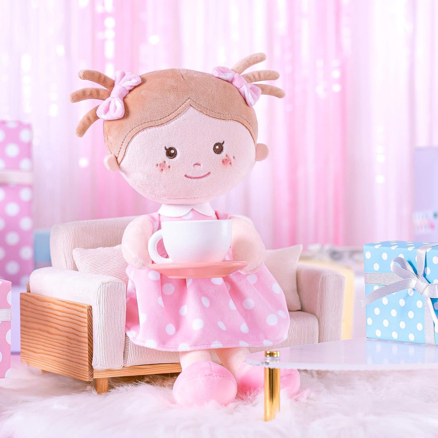 Plush Rag Doll Sleeping Cuddle Buddy Doll Soft Baby Doll for Girls First Baby Doll Wear Pink Skirt Dress 14"(Milly Series)