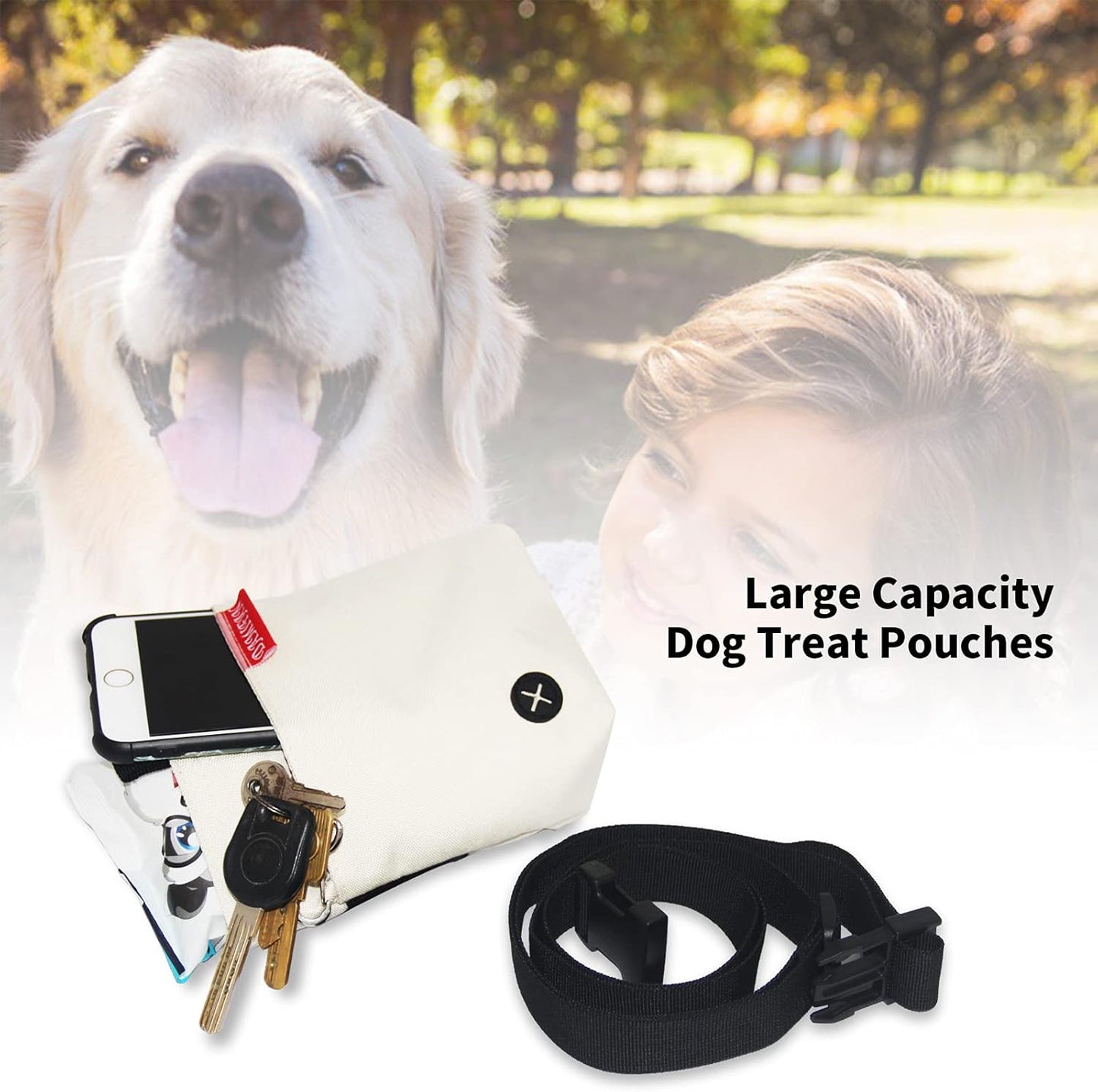 Pet Supplies Dog Treat Pouch with Adjustable Waist Belt,Large Capacity & Multi-Purpose Puppy Pouch Bag to Carry Dog Training Treats and Toys for Training,Walks and Outings(Beige White)