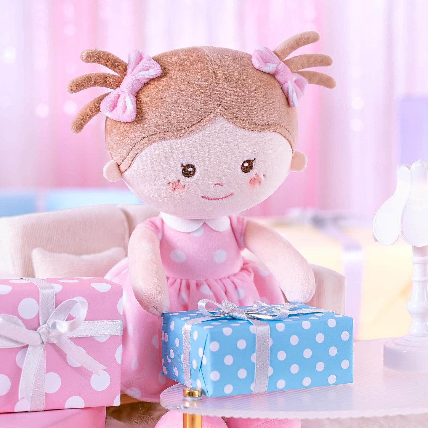 Plush Rag Doll Sleeping Cuddle Buddy Doll Soft Baby Doll for Girls First Baby Doll Wear Pink Skirt Dress 14"(Milly Series)