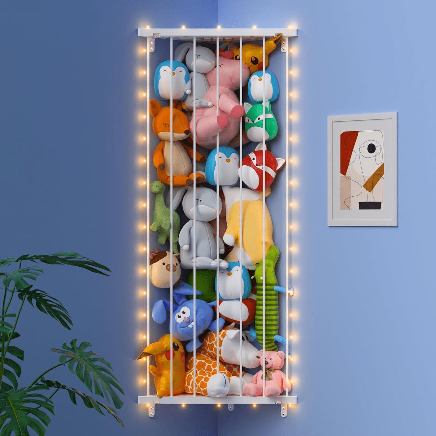 Corner Stuffed Animal Storage Toy Organizer: Kids Room Stuffed Animal Holder Length Adjustable Toys Shelf - Large Corner Plush Toys Storage for Nursery Playroom Bedroom - White with Light