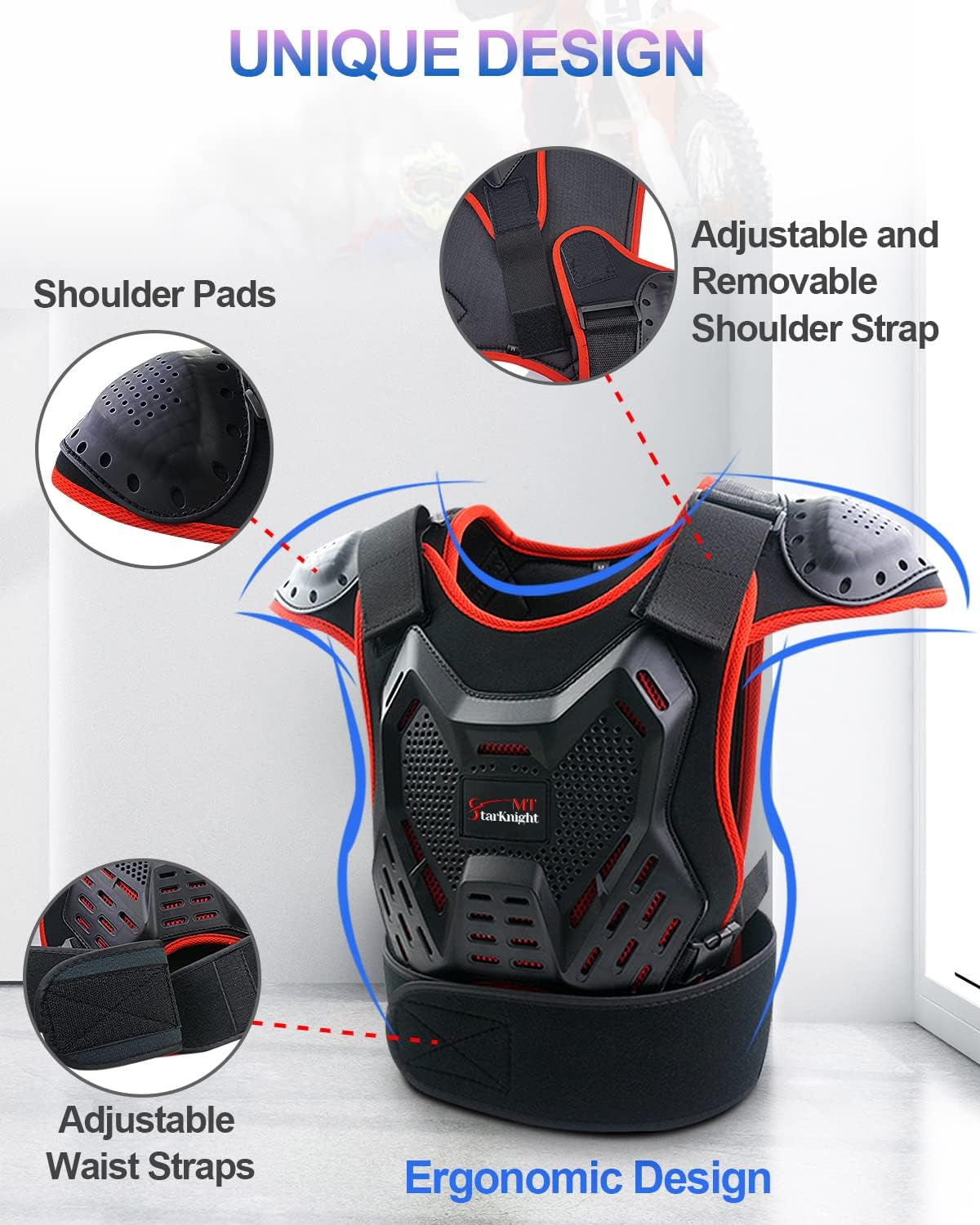 Kids Motorcycle Armor Suit Dirt Bike Gear - Youth Motocross Riding Protector Red and Blue