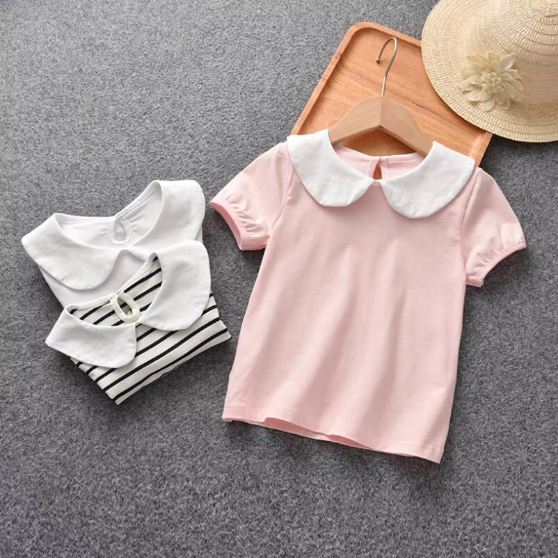 Summer School Girls Striped T-Shirts Short Sleeve Cotton T Shirt Baby Toddler Girl White Blouse Shirt Kids Tops Children Clothes