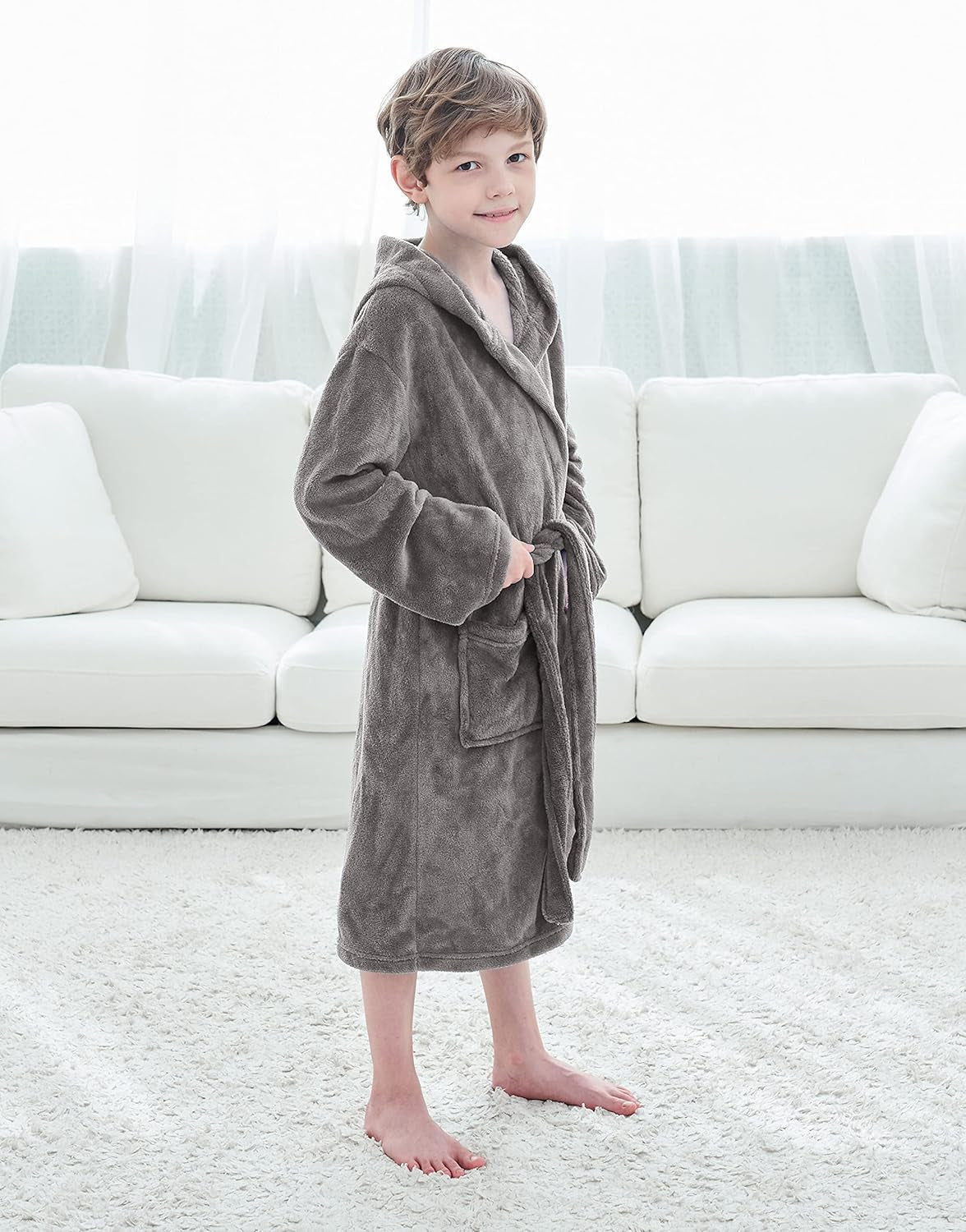 Kids Boys Girls Bath Cover up with Belt & Pockets, Cute Hooded Design,12 Month-12 Years