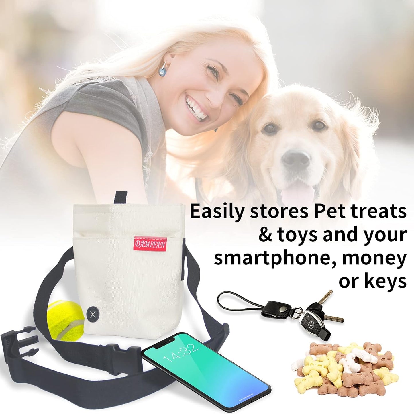 Pet Supplies Dog Treat Pouch with Adjustable Waist Belt,Large Capacity & Multi-Purpose Puppy Pouch Bag to Carry Dog Training Treats and Toys for Training,Walks and Outings(Beige White)