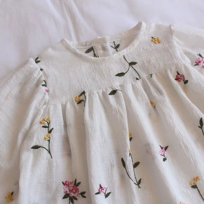 Toddlers Kids Princess Dresses Embroidery Floral Puff Sleeve Baby Girls Loose Cotton Dress 2024 Spring Children Clothes