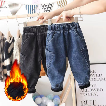 Girls Boys Jeans Velvet Warm Denim Pants Baby Kids Pockets Long Pant Trousers Children Clothes