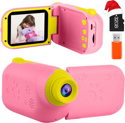 Kids Video Camera - Digital Camera Camcorder Birthday Gifts for Girls Age 3 4 5 6 7 8 9, Children Video Recorder for Toddler with 32GB SD Card - Light Pink