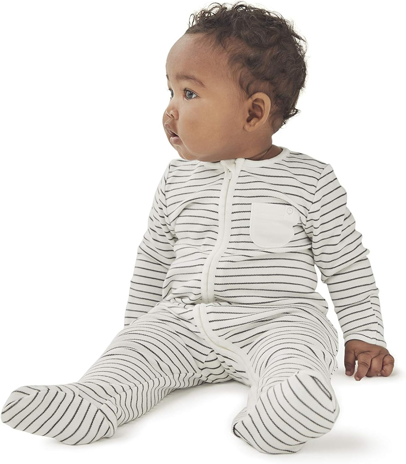 Unisex Zip up Baby Pajamas in White for Boys and Girls - Footed Sleepwear with Pocket and Protective Mitts - 3-6 Months