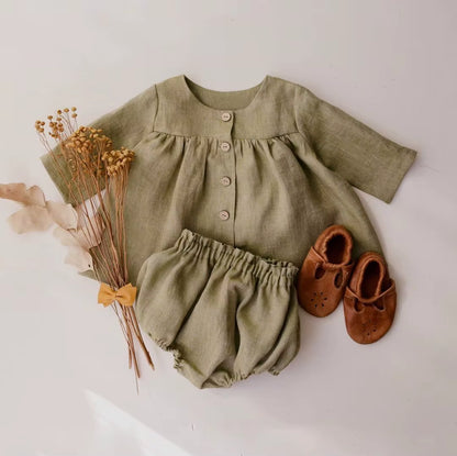 One Set Spring Baby Girls Dresses Long Sleeve Outfits Kids Wears Cotton Linen Autumn Tops+Shorts Pants Suit Children Clothes