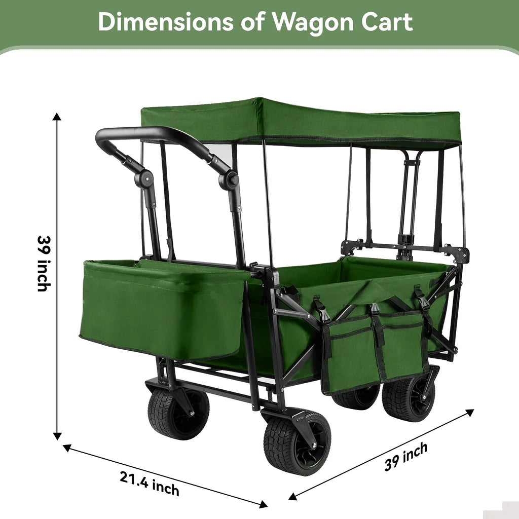 Collapsible Beach Wagon Cart with Removable Canopy,  Foldable Wagon Utility Carts with Fat Wheels and Rear Storage, for Garden Camping Grocery Shopping Cart,Green