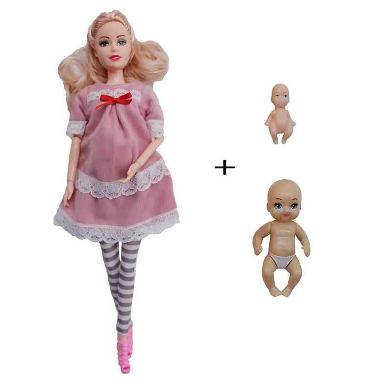 Educational Toy Pregnant Dolls for Children with Two Babies and Random Shoes Accessories Fashion Clothes Gift for Girl Games