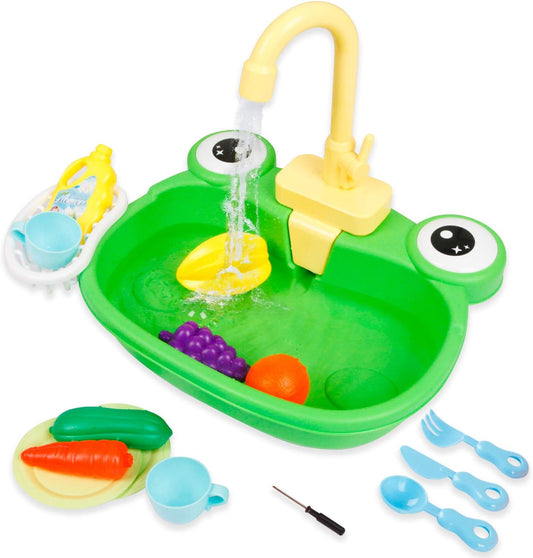 Play Kitchen Sink Toy, Water Toys for Kids with Electronic Dishwasher, Pretend Play Utensils Accessories and Play Cutting Food for Boys and Girls (Cute Frog)