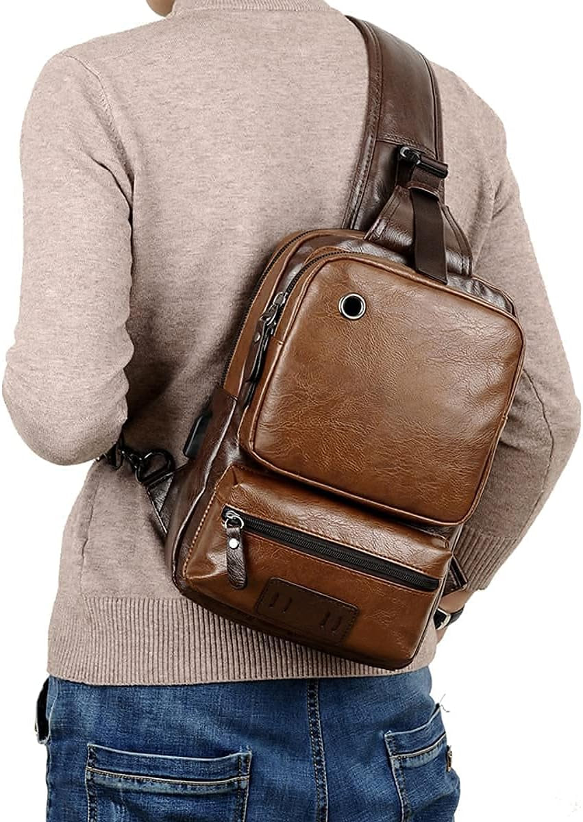 Small Black Sling Crossbody Backpack Shoulder Bag for Men Women Vintage PU Leather Sling Backpack Cycling