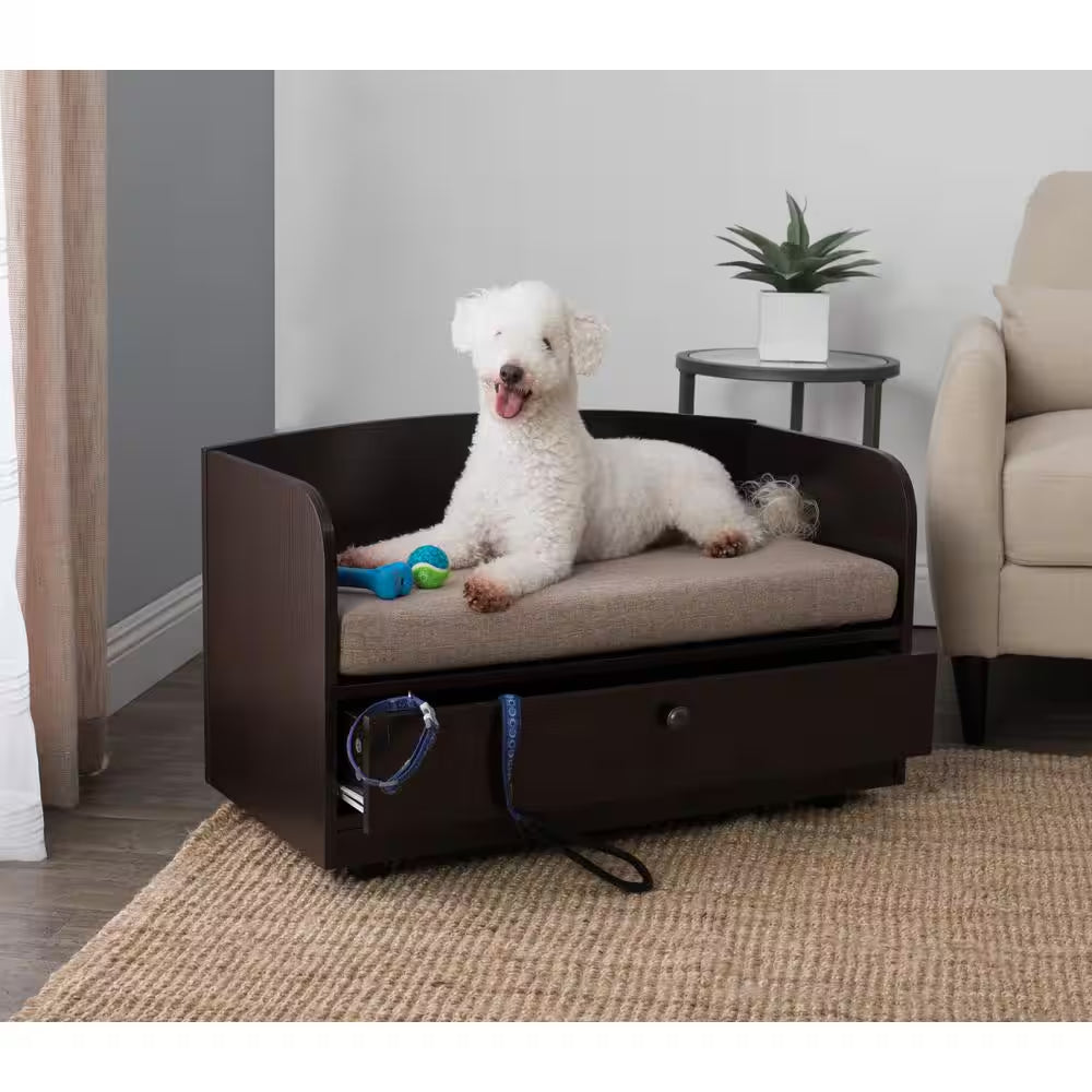 31.5 In. W Pet Toy Storage Pull-Out Drawer with Sofa Bed, Espresso Melamine Finish and Sand Brown Removable Cushion