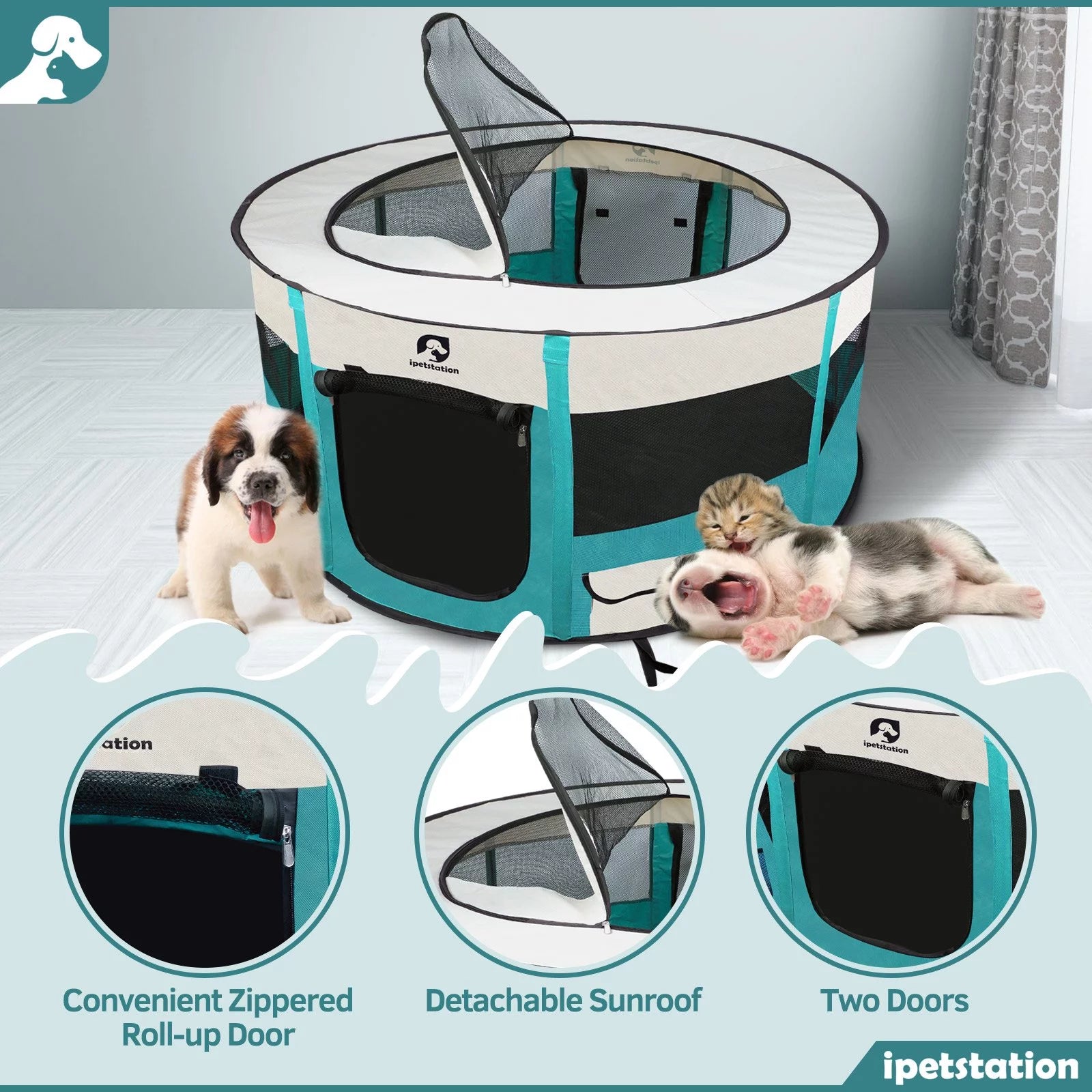 Dog Playpen, Puppy Pet Cat Playpen Indoor for Small Dogs, Dog Tent Crates Cage Indoor/Outdoor, Dog Kennel Playpen with Carrying Case for Dogs/Cats/Rabbits,2 Doors & Zipper Top