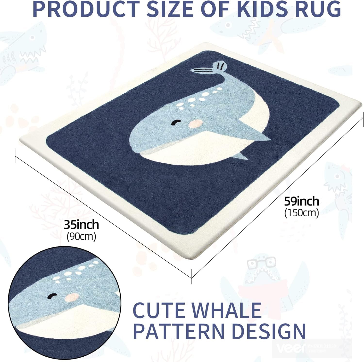 Kids Rug Play Mat Ultra Soft Rugs for Kids Room, 3'X5' Non Slip Cute Animals Children Nursery Rug Baby Rug Kids Carpet Area Rugs for Bedroom Playroom Living Room Bathroom (Blue Whale, 35"X59")