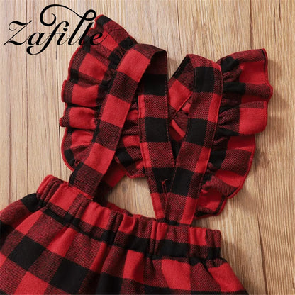 My First Christmas Costume for Baby Girl Clothes Set Red Plaid Suspender Dress Party New Year Clothes for Babies