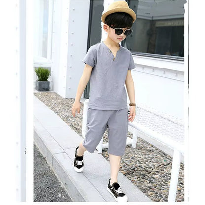 Kids Baby Boys Outfit Suit Cotton Linen Children Clothes Set Toddler Solid Casual Tshirt Tops Shorts Pants 2Pcs Set Summer