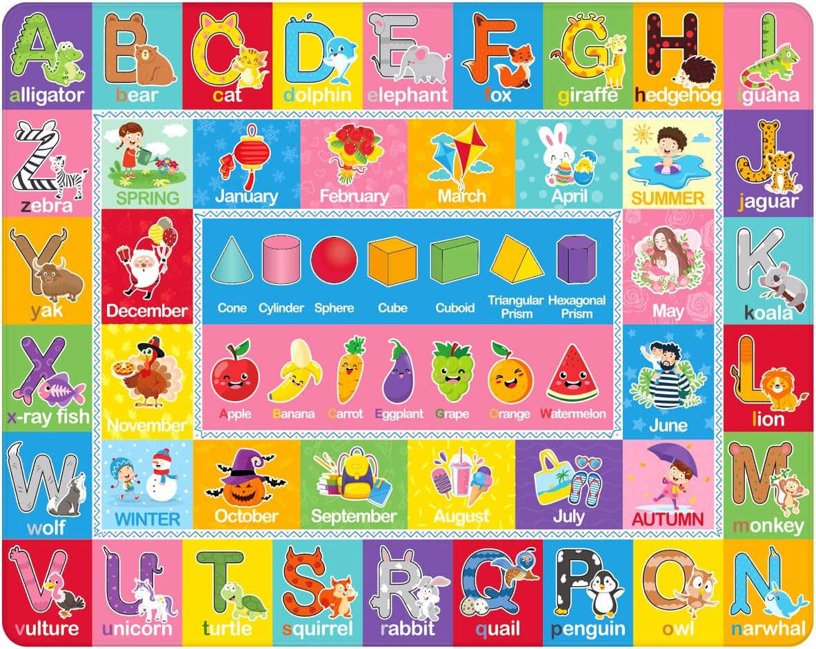 Kids Play Rug Mat Playmat with Colorful Pattern, Playtime Collection ABC Alphabet, Seasons, Months, Fruit and Shapes Educational Area Rug for Kids Playroom Bedrooms, 78.7 X 59 Inch