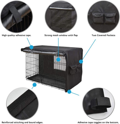 Dog Crate Cover 42 Inch Dog Kennel Cover for Large Dog, Heavy Duty Oxford Fabric,With Double Door, Pockets and Mesh Window (43L X 29W X 30H,Black)