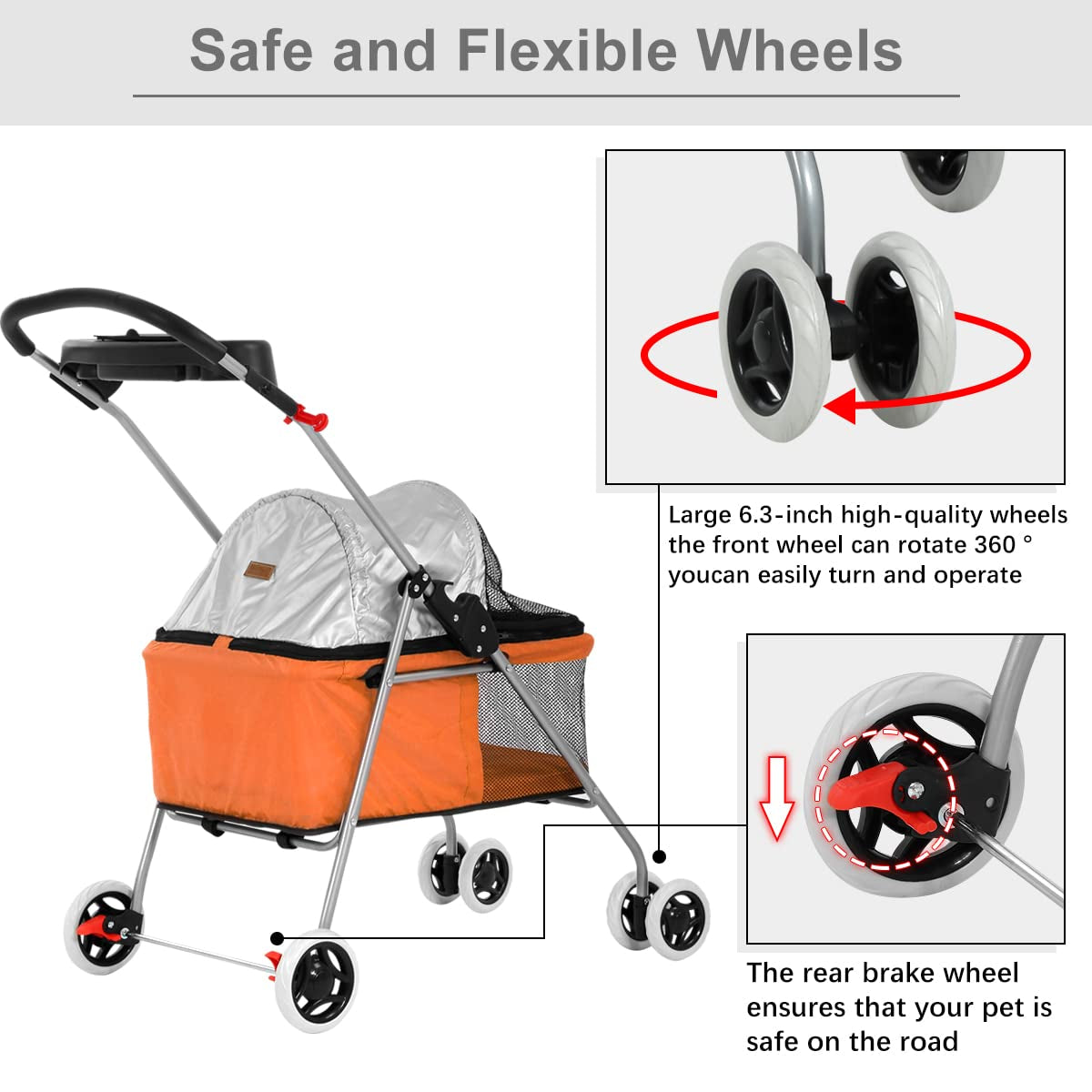 Dog Stroller Pet Stroller 4 Wheels Traveling Folding Lightweight Pet Carrier for 2 Medium Small Dogs & Cats Portable Strolling Jogger Trolley with Cup Holders and PVC Wheel Brake, Orange