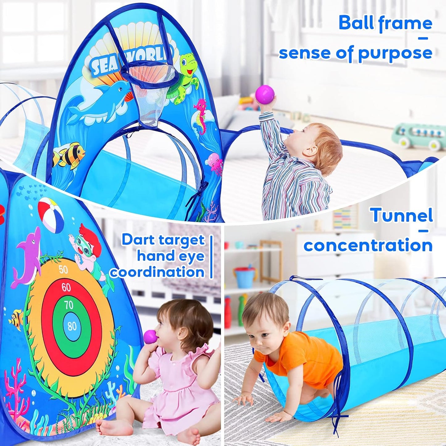 5Pc Kids Play Tent for Toddler with 1 Baby Ball Pits, 2 Baby Crawl Tunnels, 2 Pop up Tents, Indoor Outdoor Playhouse Toys for Boys/Girls (5PC Ocean Kids Playset)