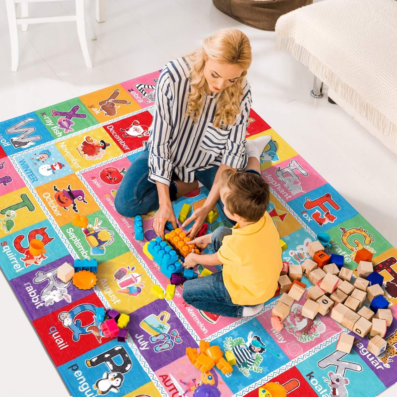 Baby Carpet Baby Playmat Educational Area Rug Kids Alphabets ABC, Words and Shapes Learning Area Rug Carpet Kids Play Rug for Bedroom Playroom, 55.1X43.3 in Baby Floor Mats Washable Kids Rug