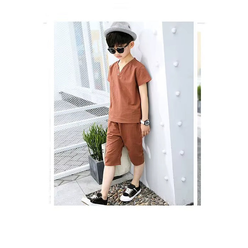 Kids Baby Boys Outfit Suit Cotton Linen Children Clothes Set Toddler Solid Casual Tshirt Tops Shorts Pants 2Pcs Set Summer