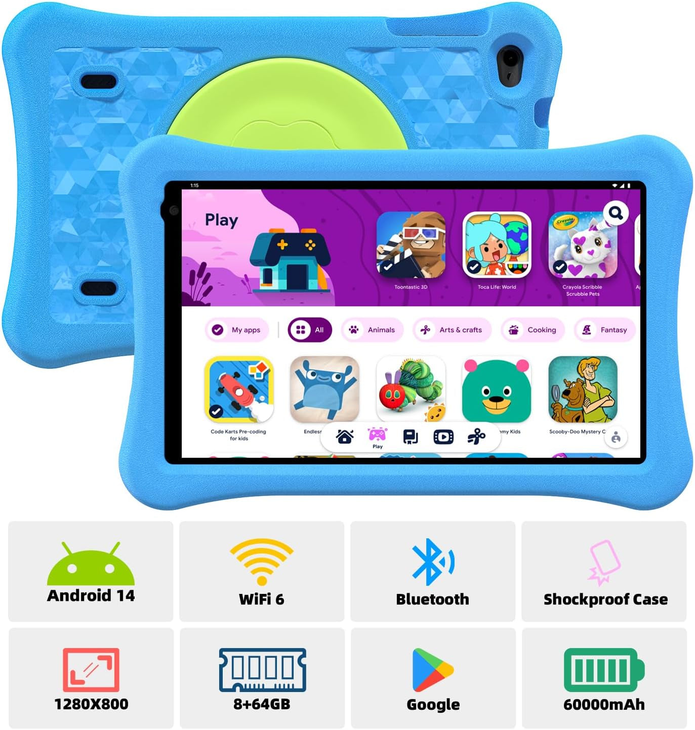 Kids Tablet for Kids 3-7: 10 Inch Android 14 8GB RAM 64GB ROM Toddler Tablet for Kids 8-12 with Bluetooth Wifi Parental Control, Dual Camera, GMS, Shockproof Case (Blue, 8G+64G)