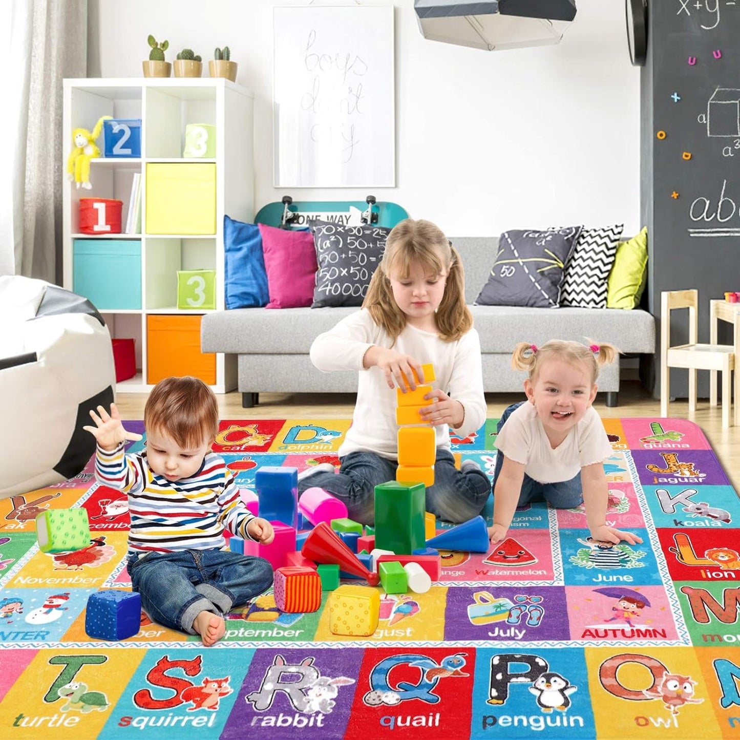 Kids Play Rug Mat Playmat with Colorful Pattern, Playtime Collection ABC Alphabet, Seasons, Months, Fruit and Shapes Educational Area Rug for Kids Playroom Bedrooms, 78.7 X 59 Inch