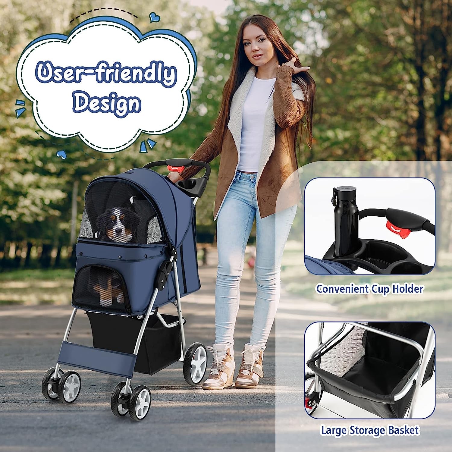 Folding Dog Stroller, Pet Stroller for Small Medium Dogs & Cats, Dog Stroller Travel Carrier with 4 Lockable Wheels, Cup Holder, Removable Liner and Storage Basket