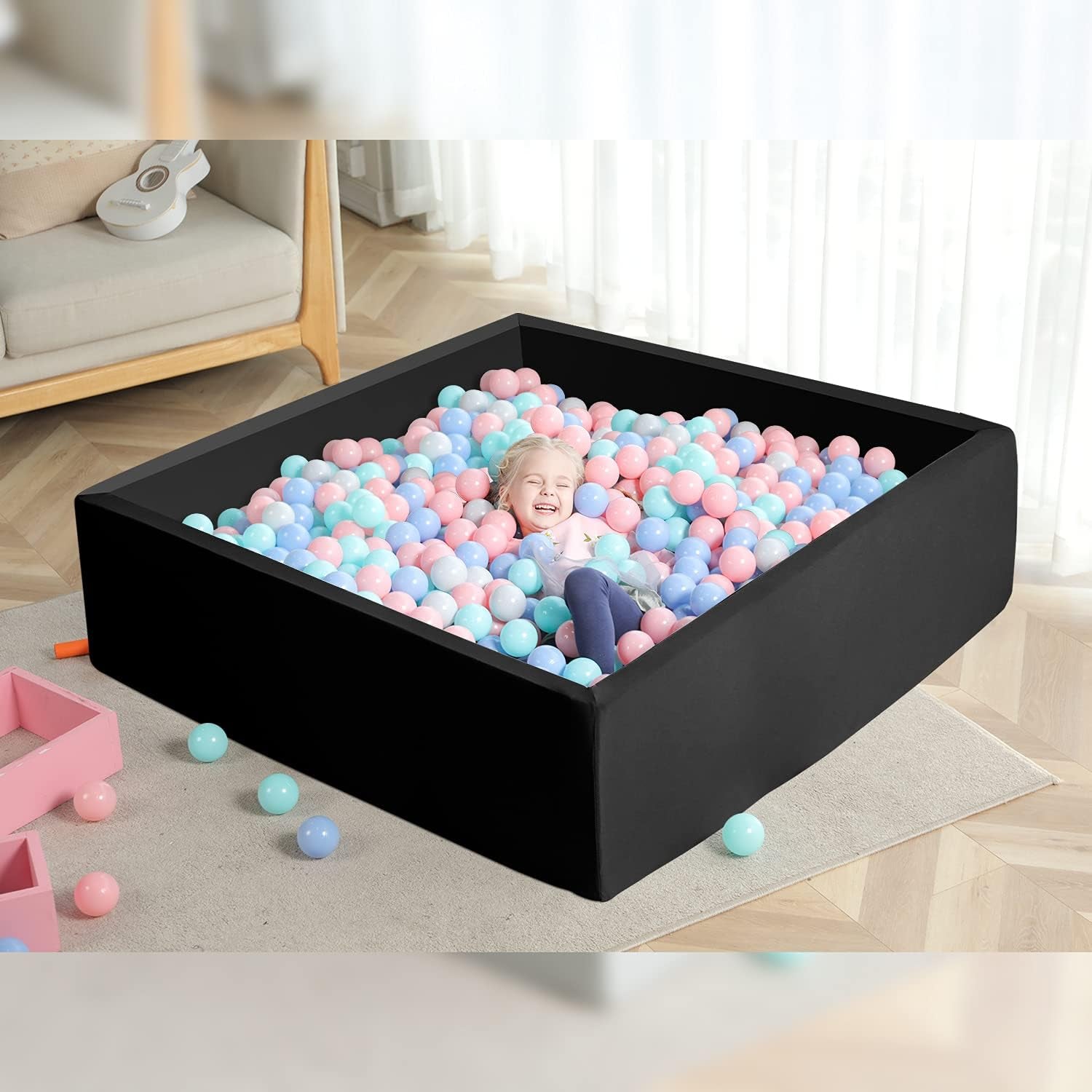 Extra Large Ball Pit 47.2X47.2X13.8In Foam Ball Pit Balls Kids Ball Pits for Toddlers Babies Balls NOT Included - Black