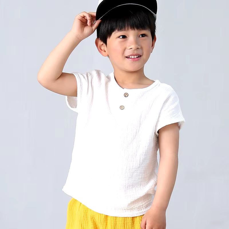 Children T Shirts Fashion Linen Pleated Boys T Shirt Children T-Shirt 2025 Summer Baby Boys Girls T-Shirt Children Clothes Kids