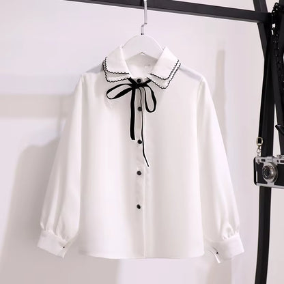 Long Sleeve Baby Girls Blouses Spring Autumn Chiffon Kids White Shirts Leisure Teens Tops Children Clothes for 6 8 10 12 Years