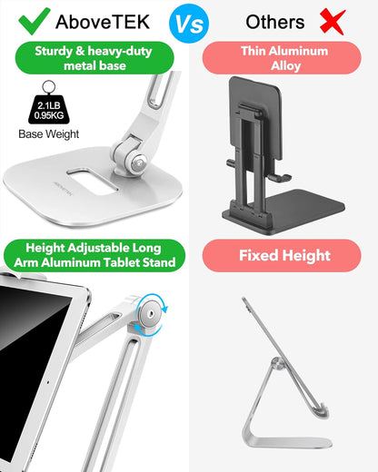 Ipad Stand Holder, Multi-Angle Adjustable Tablet Stand, 360° Swivel Ipad Stand Aluminum Desk Mount Fits 4”-11"(Diagonal) Ipad/Mini/Air/Pro for Business Kiosk Office – White