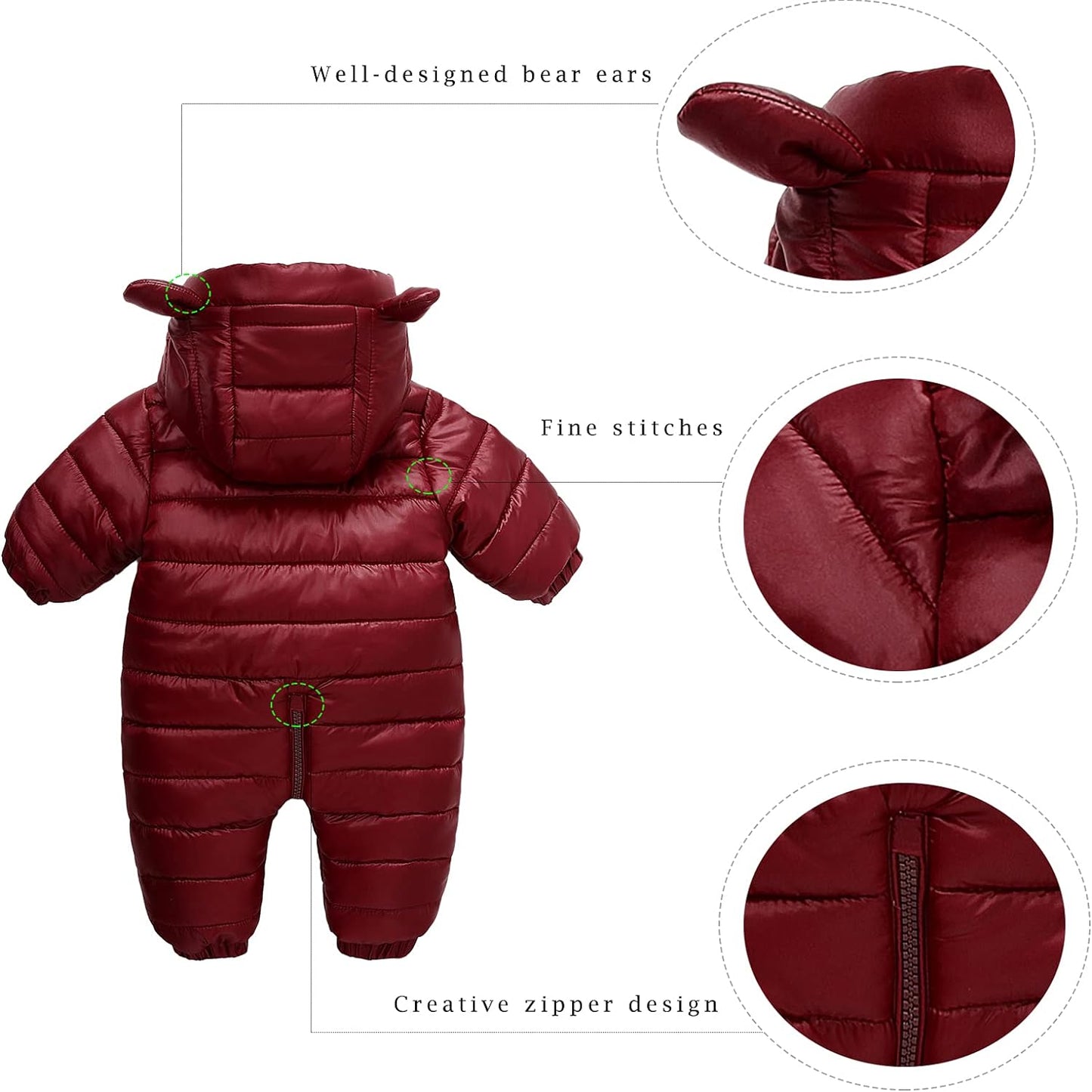 Toddler Boys Girls Candy Cute Bear Jumpsuit Cotton Snow Suits for Babies Baby Winter Coat Extra Long Zipper Outfit Suit Red Wine for 18-24 Months (M6)