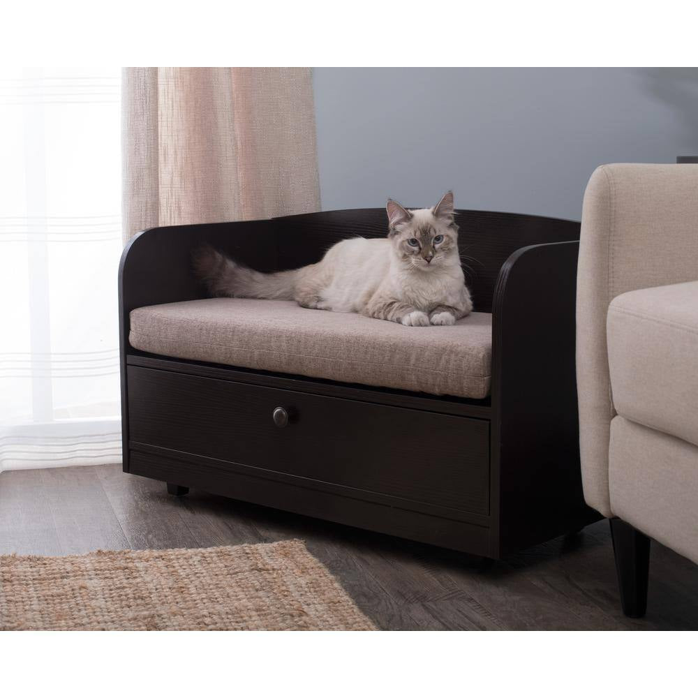 31.5 In. W Pet Toy Storage Pull-Out Drawer with Sofa Bed, Espresso Melamine Finish and Sand Brown Removable Cushion