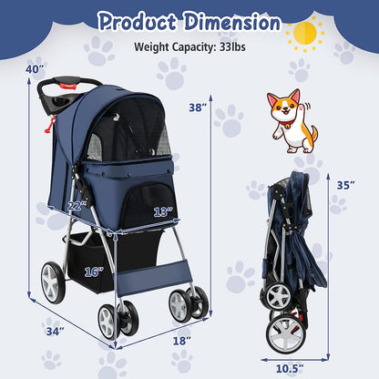 Folding Dog Stroller, Pet Stroller for Small Medium Dogs & Cats, Dog Stroller Travel Carrier with 4 Lockable Wheels, Cup Holder, Removable Liner and Storage Basket