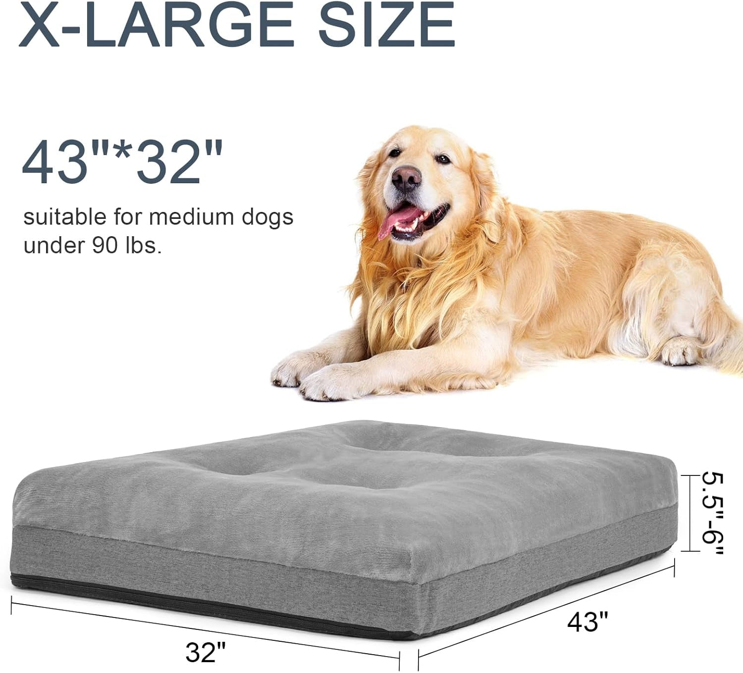 Orthopedic Foam Large Dog Bed, Extra Thicken Pet Bolster Mattress(5.5-6 Inches), Washable Dog Bed with Removable Cover, Super Soft & anti Slip Bottom for Medium, Large and Extra Large Dogs