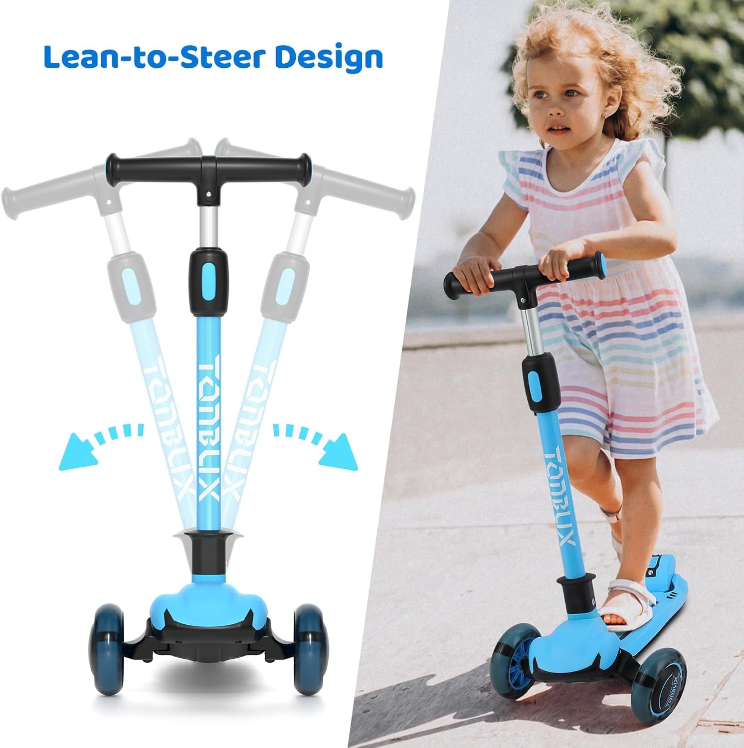 Kids Scooter, Light up 3 Wheel Kick Scooters for Kids 3-5, Folding Scooters for Kids 8-12 with Adjustable Height -Toddler Scooter Lean-To-Steer & Widen Anti-Slip Deck