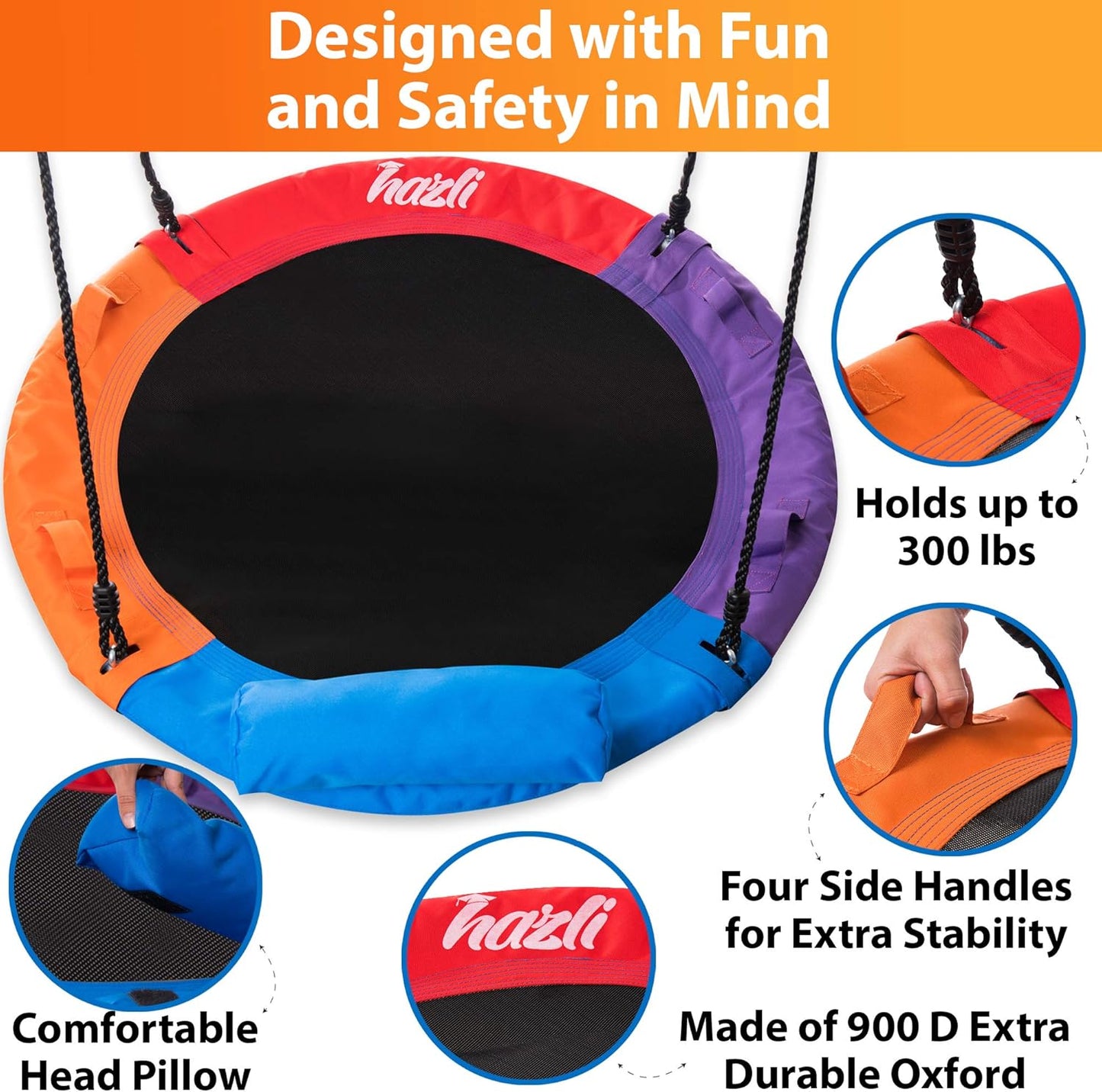 40 Inch 700Lb round Outdoor Tree Swing for Kids - Flying Saucer Swingset - Heavy Duty Disk Swings with Straps, Adjustable Ropes, Handles and Pillow - Large Circle Swing for Children