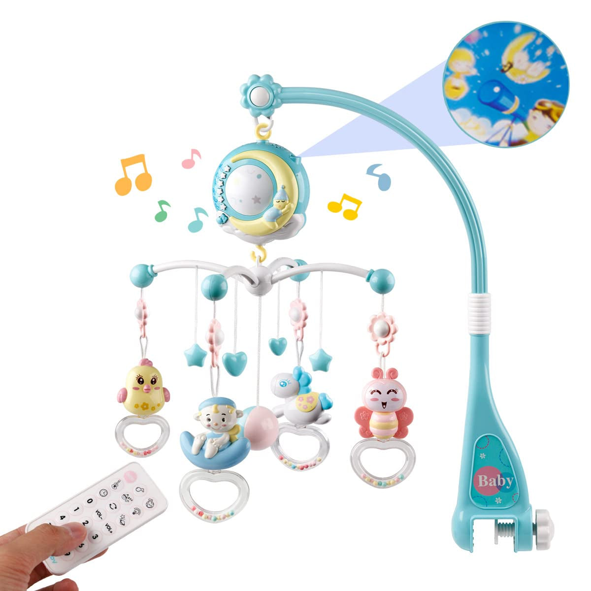 Baby Musical Mobile Crib with Music and Lights, Timing Function, Projection, Take-Along Rattle and Music Box for Babies Boy Girl Toddler Sleep