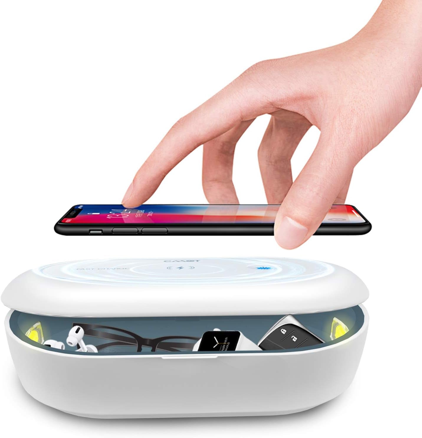 UV Light Sanitizer Box with Wireless Charging, 8 UV-C LED Lights for Phones, Toothbrushes, Nail Tools, Jewelry, and More (White)