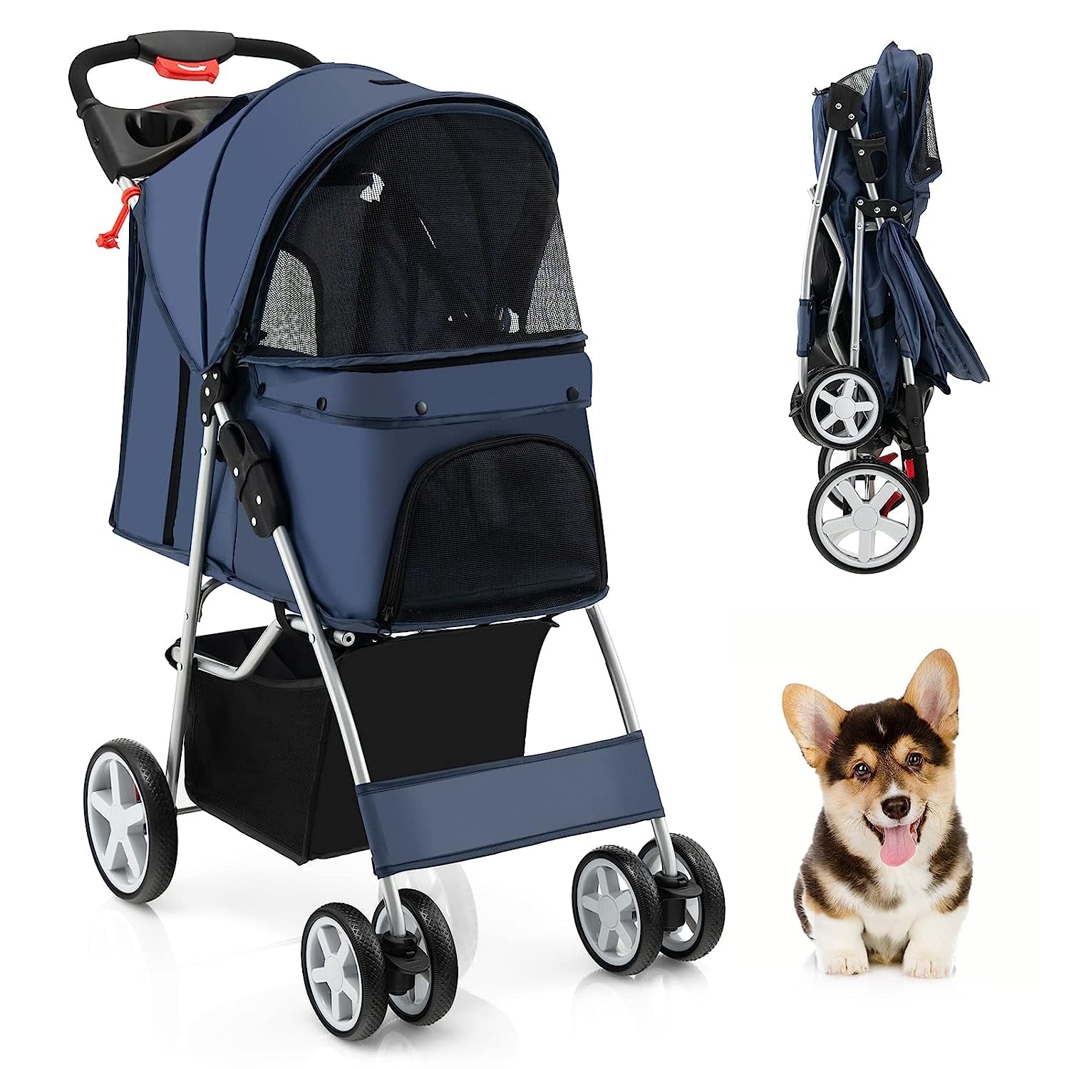 Folding Dog Stroller, Pet Stroller for Small Medium Dogs & Cats, Dog Stroller Travel Carrier with 4 Lockable Wheels, Cup Holder, Removable Liner and Storage Basket