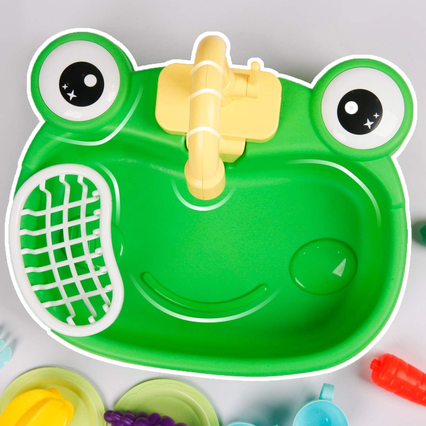 Play Kitchen Sink Toy, Water Toys for Kids with Electronic Dishwasher, Pretend Play Utensils Accessories and Play Cutting Food for Boys and Girls (Cute Frog)