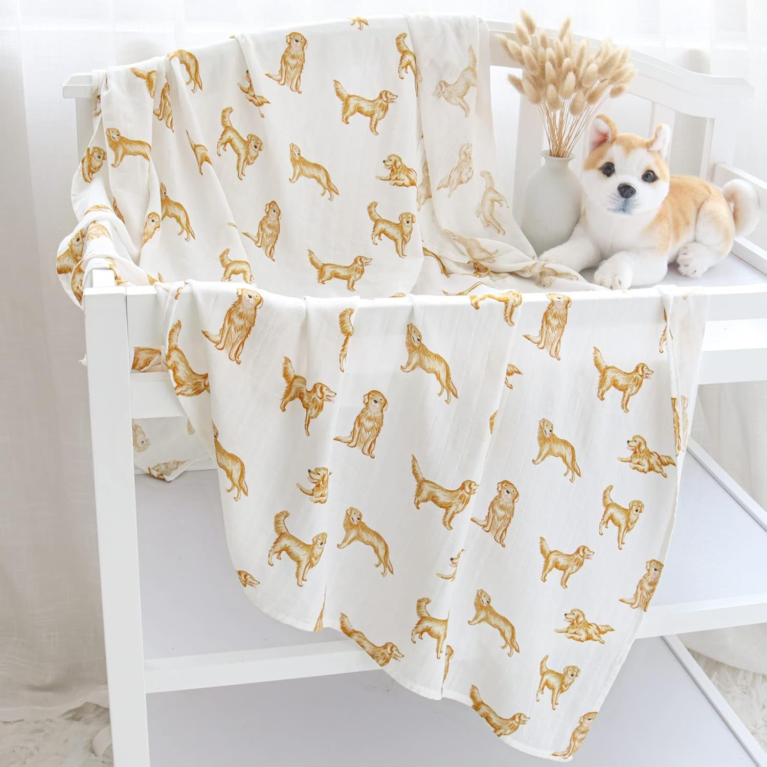 Baby Swaddle Blankets Dog, 70% Viscose from Bamboo and 30% Cotton Muslin Swaddle Blankets Boys Girls Swaddling Blanket Neutral for Newborn, Soft Large 47" X 47", Golden Retriever Dog