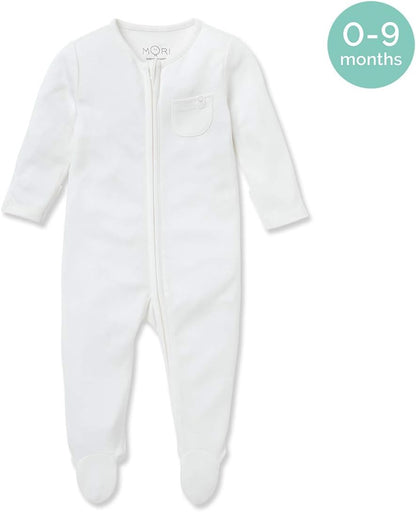 Unisex Zip up Baby Pajamas in White for Boys and Girls - Footed Sleepwear with Pocket and Protective Mitts - 3-6 Months